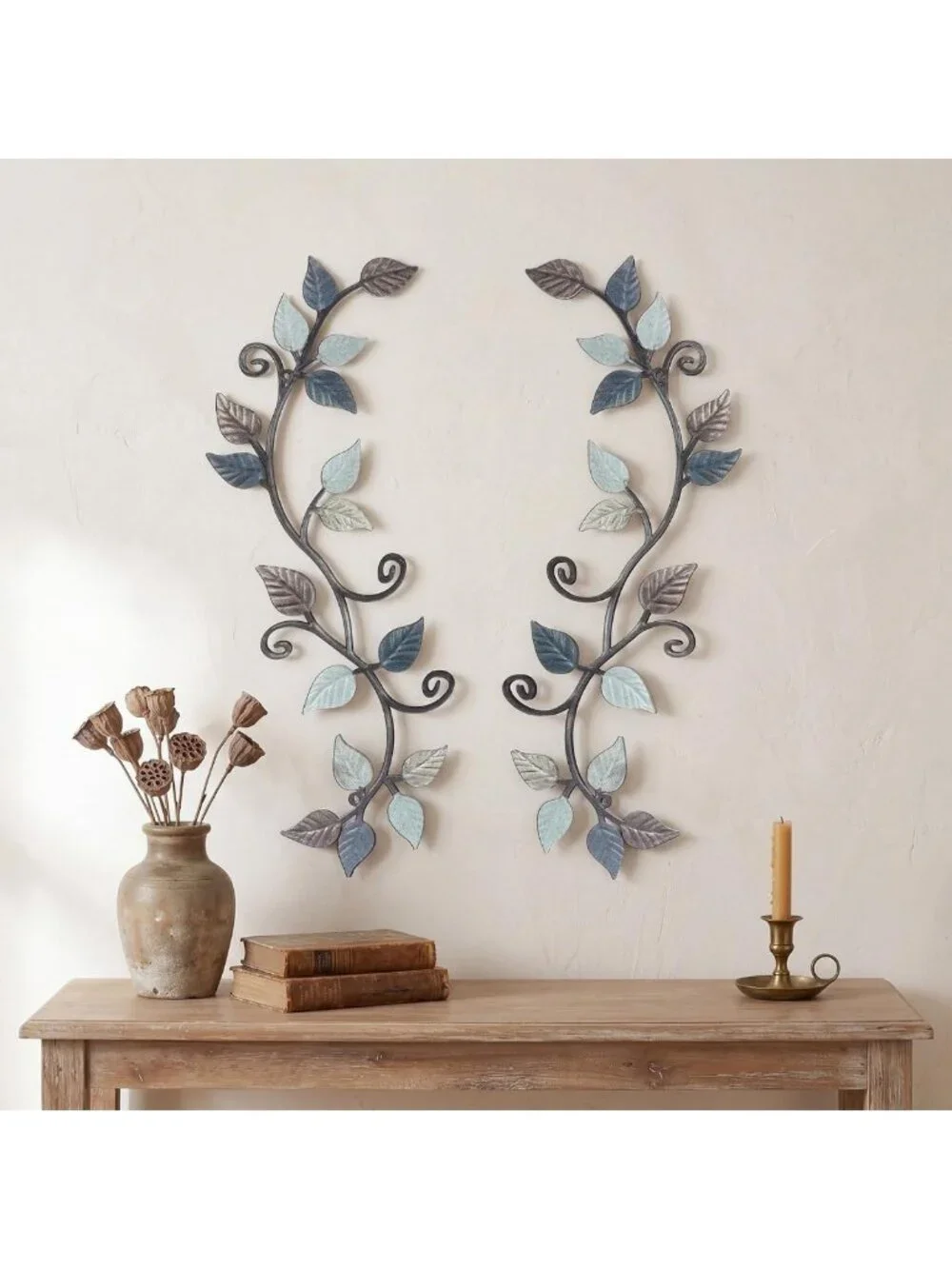 2 Pcs Metal Tree Leaf Wall Art - Rustic Scroll Vine Decor for Indoor/Outdoor